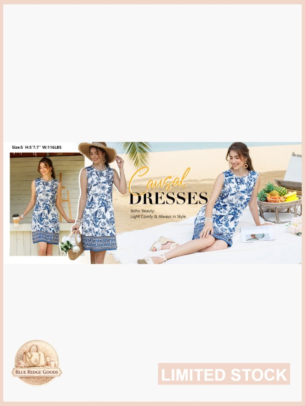 Crewneck Sleeveless Tank Dress Boho Casual Vacation Midi A-Line - Picture 7 of 7